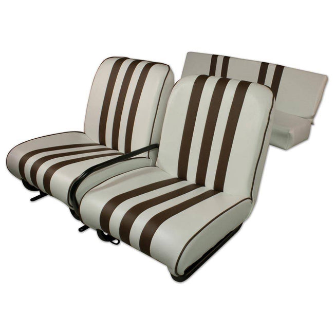 Set van 2 complete voorstoelen + achterbank Skai WIT gestreept BRUIN Mehari