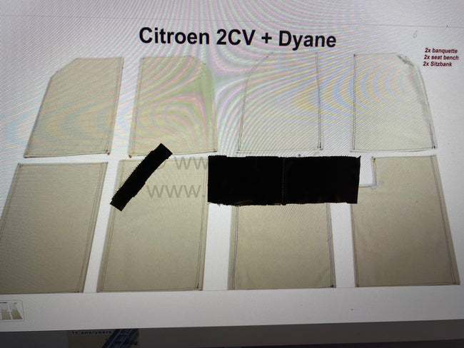 jute matten, Citroën 2cv en Dyane complete set voor een voorbank en een achterbank (zitplaatsen + rugleuningen) met metalen stangen