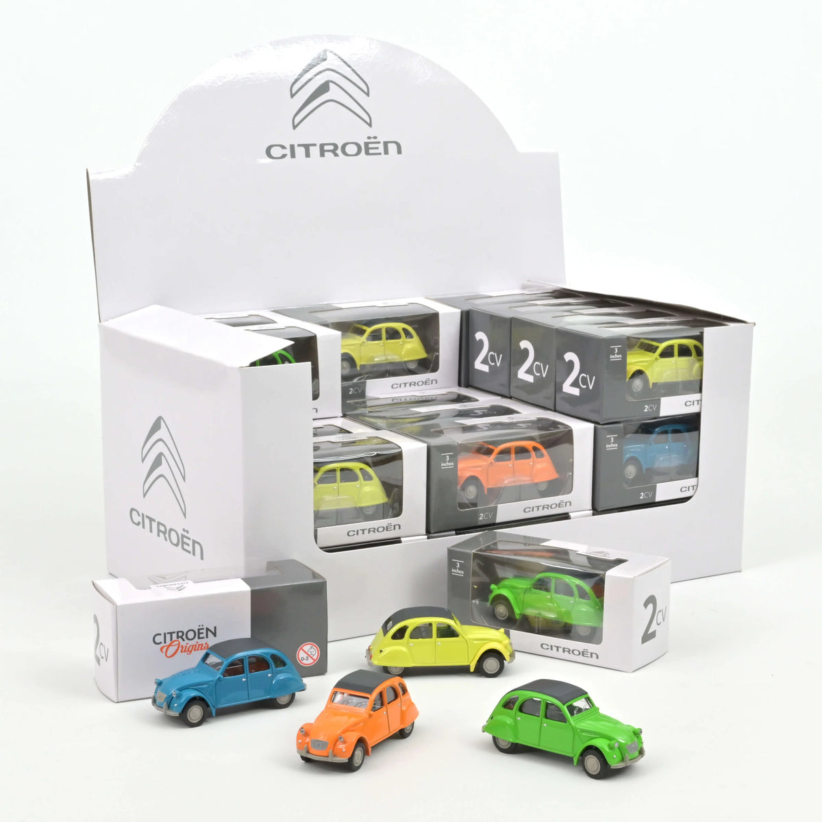 Display 36 Citroën 2CV-modellen (Mandarine, Pétrel, Palmeraie, Cédrat) – schaal 1:54