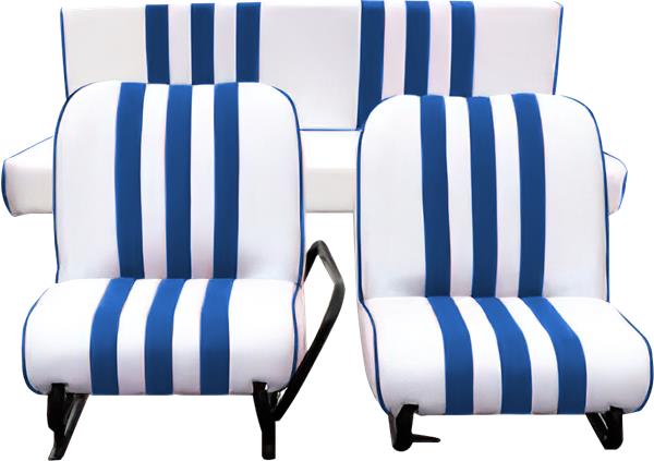Set van 2 complete voorstoelen + achterbank Skai BLAUW gestreept WIT Mehari