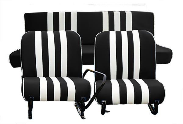 Set van 2 complete voorstoelen + achterbank Skai ZWART gestreept WIT Mehari