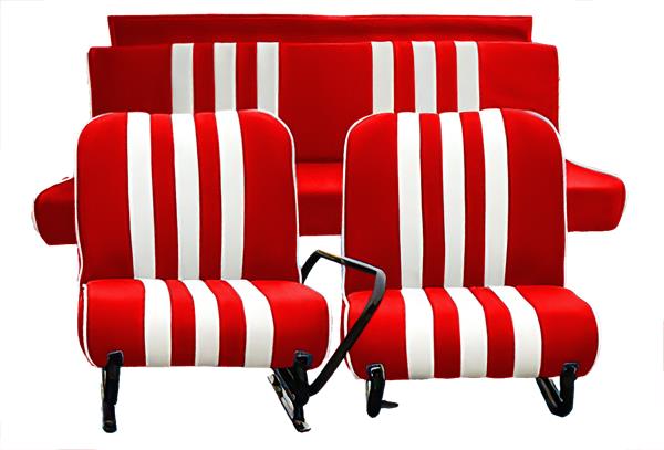 Set van 2 complete voorstoelen + achterbank Skai ROOD gestreept WIT Mehari