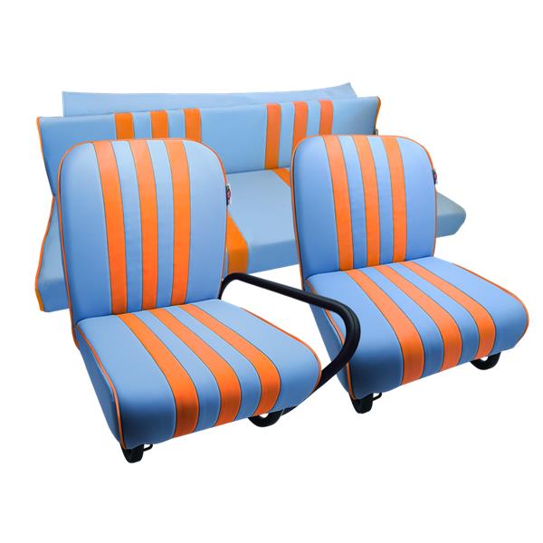 Set van 2 complete voorstoelen + achterbank Skai BLAUW ESKI gestreept ORANJE Mehari