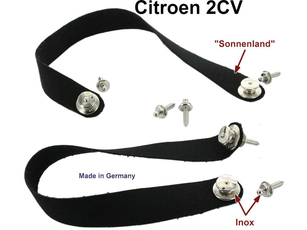 Bevestigingsriem 2x, dak 2CV, zwart Sonnenland, met 6 rvs-knopen