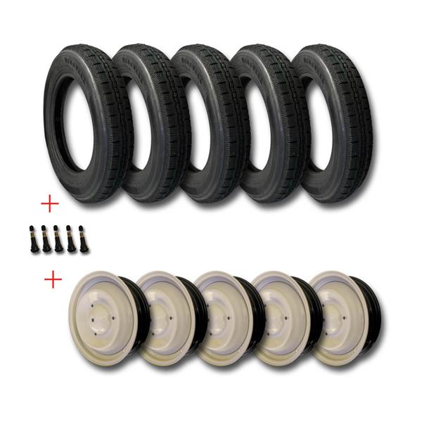 Set van 5 125/15 2CVP RACING banden + 5 velgventielen + 5 standaard roze-grijze velgen + GRATIS MONTAGE