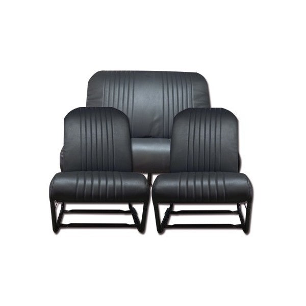 COMPLETE KIT 2 SYMMETRISCHE VOORSTOELEN + ACHTERBANK. GLADDE ZWARTE SKAI
