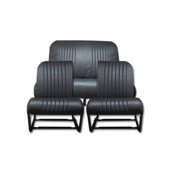 COMPLETE KIT 2 ASYMMETRISCHE VOORSTOELEN + ACHTERBANK. GLADDE ZWARTE SKAI
