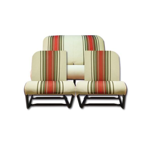 COMPLETE KIT 2 ASYMMETRISCHE VOORSTOELEN + ACHTERBANK. GESTREEPTE BEIGE STOF