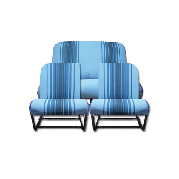 COMPLETE KIT 2 ASYMMETRISCHE VOORSTOELEN + ACHTERBANK. BLAUW GESTREEPTE STOF