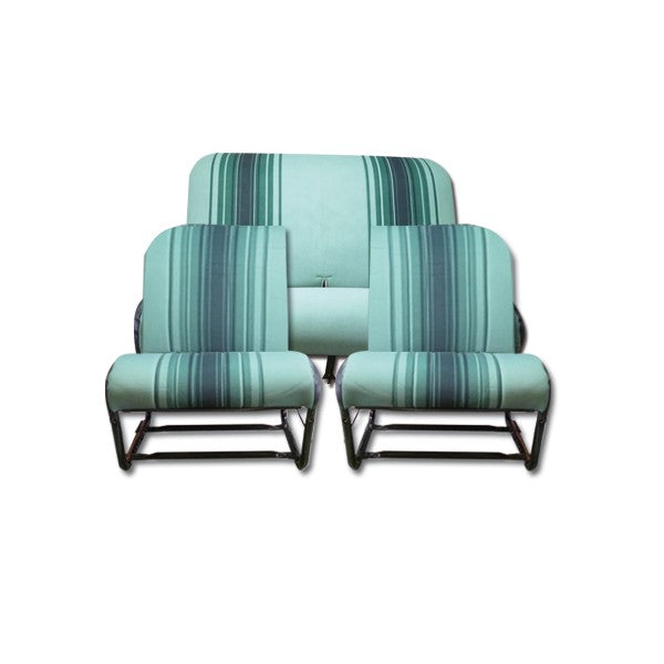 COMPLETE KIT 2 ASYMMETRISCHE VOORSTOELEN + ACHTERBANK. GESTREEPTE GROENE STOF