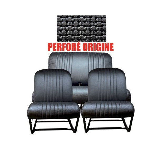 COMPLETE KIT 2 SYMMETRISCHE VOORSTOELEN + ACHTERBANK. GEPERFOREERDE ZWARTE SKAI