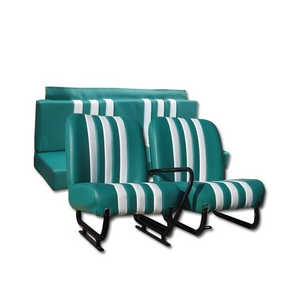 MEHARI BEKLEDING 2 VOORSTOELEN + ACHTERBANK. WITTE STREPEN GROENE SKAI