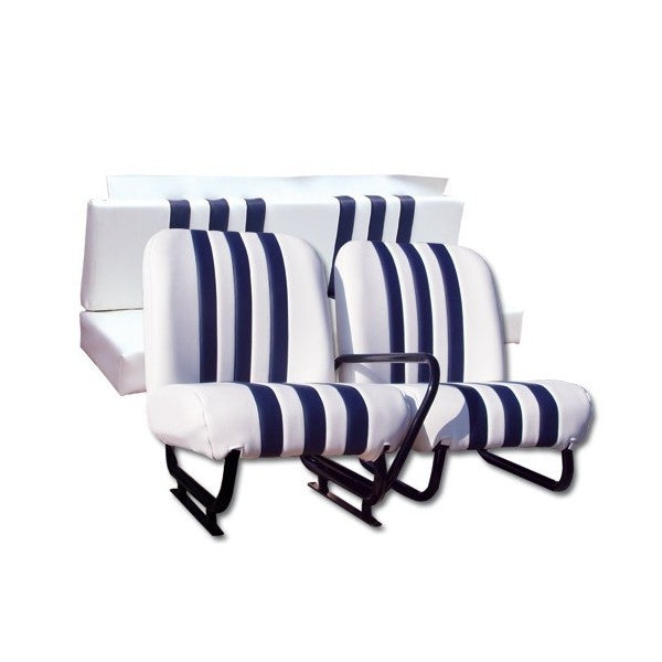 MEHARI BEKLEDING 2 VOORSTOELEN + ACHTERBANK. WITTE SKAÏ MET BLAUWE STREPEN