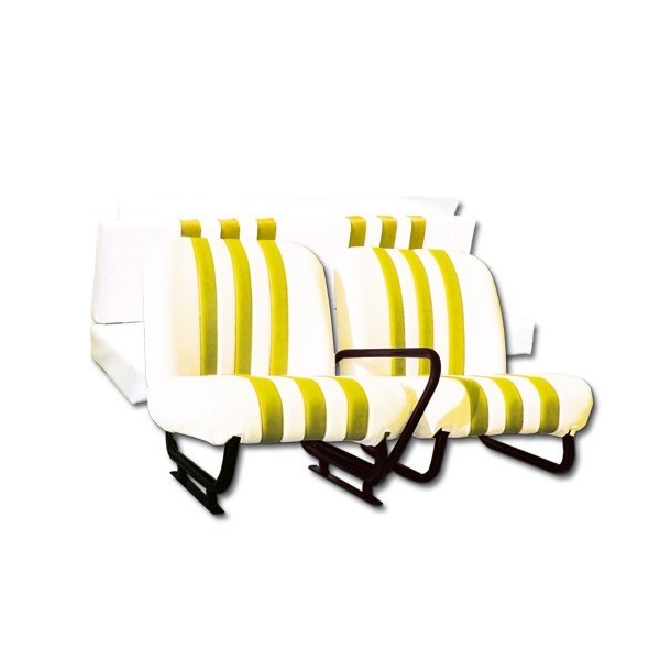 MEHARI BEKLEDING 2 VOORSTOELEN + ACHTERBANK. GELE STREPEN WIT SKAI
