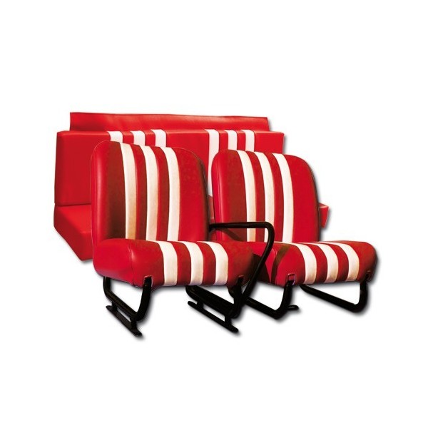 MEHARI BEKLEDING 2 VOORSTOELEN + ACHTERBANK. RODE SKAÏ MET WITTE STREPEN